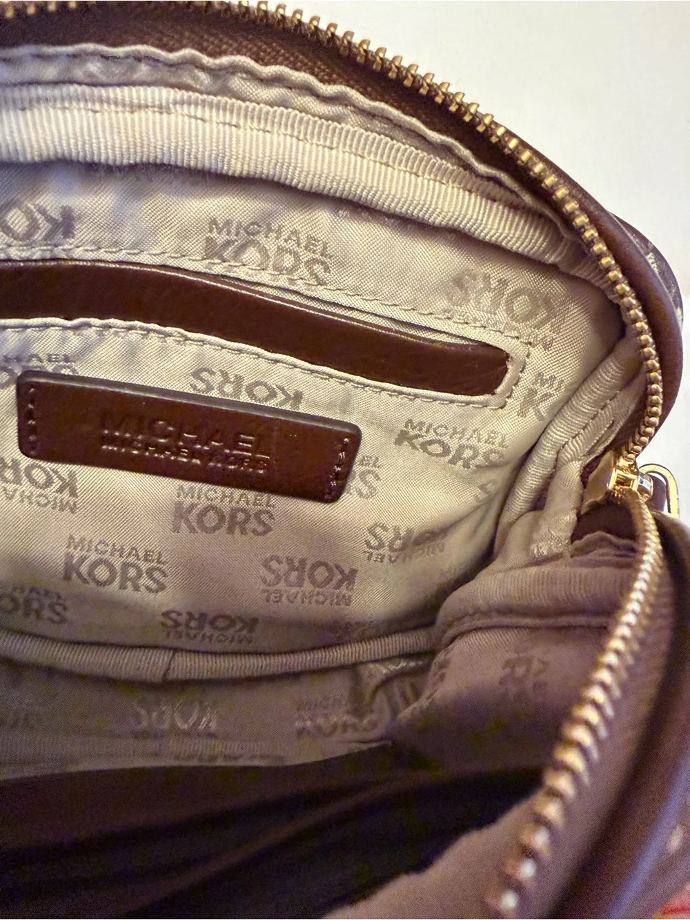 Michael Kors Tan/Brown Signature MK Crossbody with Gold Plate